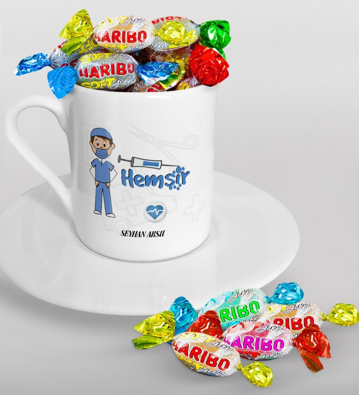 Kişiye Özel Hemşir Türk Kahvesi Fincanı ve Haribo Şeker Hediye Seti-1
