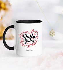 Kişiye Özel Yılbaşı Mutlu Yıllar Siyah Kupa ve Kar Tanesi Kolye-3