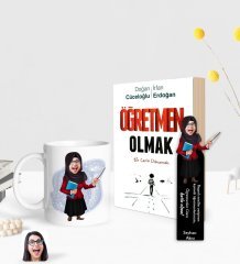 Kişiye Özel Tesettürlü Kadın Öğretmeni Karikatürlü Beyaz Kupa Ahşap Kitap Ayracı ve Öğretmen Olmak Kitabı Hediye Seti-3