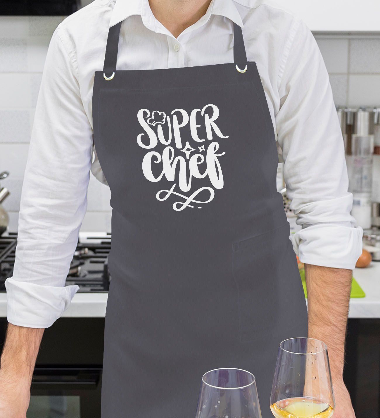 BK Gift Profesyonel Super Chef Tasarımlı Antrasit Mutfak Önlüğü, Aşçı Önlüğü, Şef Önlüğü, Ev Hediyesi, Arkadaşa Hediye-1