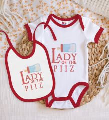BK Kids Lady Of The Piiz Tasarımlı Kırmızı Bebek Body Zıbın ve Mama Önlüğü Hediye Seti-1
