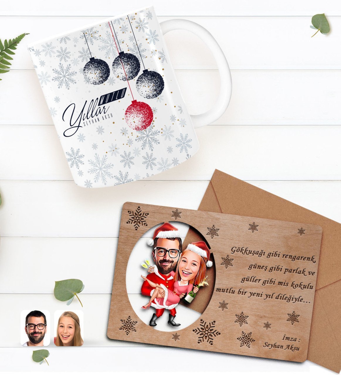 Kişiye Özel Happy New Year Kupa Bardak ve Retro Ahşap Yılbaşı Tebrik Kartı Hediye Seti-8F