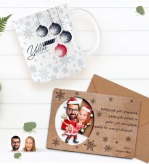Kişiye Özel Happy New Year Kupa Bardak ve Retro Ahşap Yılbaşı Tebrik Kartı Hediye Seti-8F