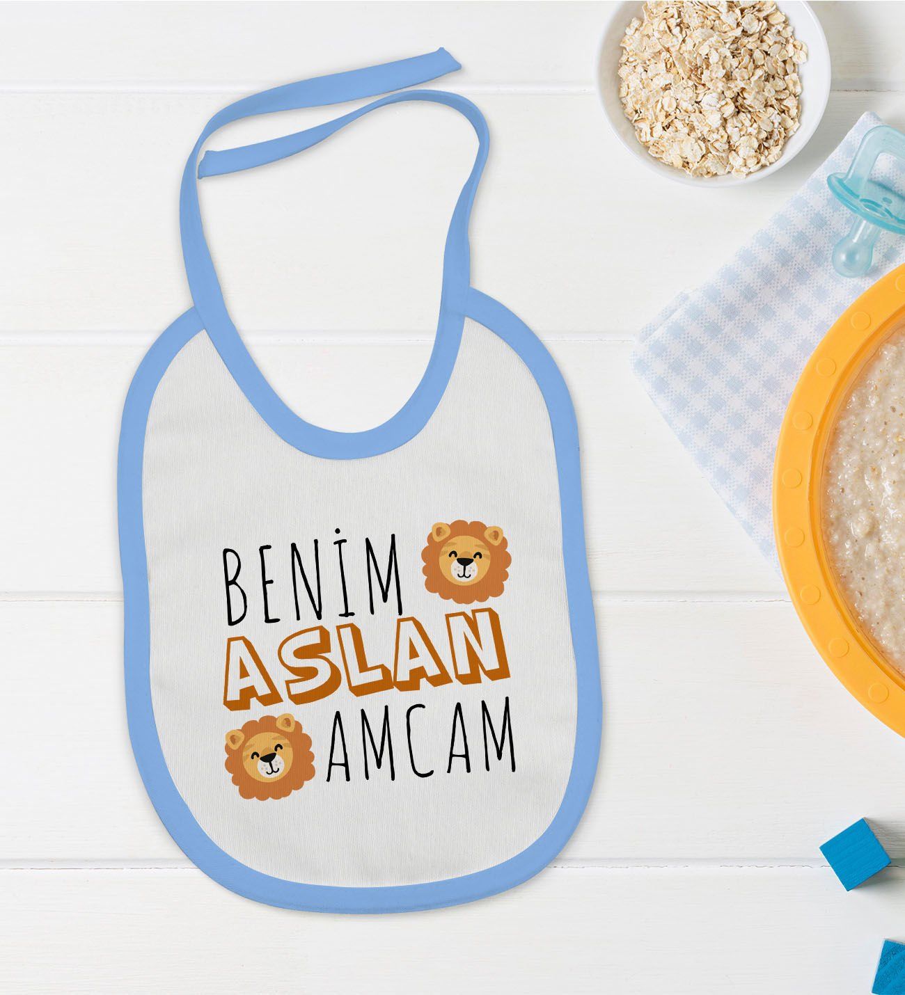 BK Kids Aslan Amcam Tasarımlı Mavi Bebek Mama Önlüğü-1