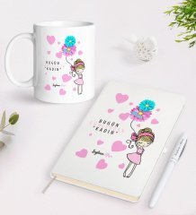 Kişiye Özel Kadınlar Günü Tasarımlı Beyaz Defter Kalem ve Kupa Seti-8