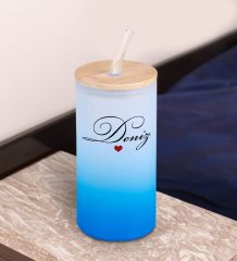 BK Gift İsimli Mavi Renk Pipetli Buzlu Cam Bardak 600ml - 5, Arkadaşa Hediye, Doğum Günü Hediyesi
