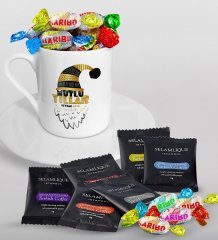 Kişiye Özel Yılbaşı Mutlu Yıllar Türk Kahvesi Fincanı Selamlique Karışık Türk Kahvesi ve Haribo Şeker Hediye Seti-8