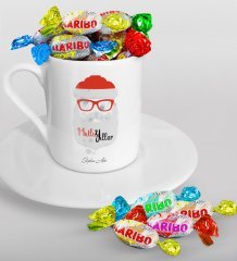 Kişiye Özel Noel Baba Türk Kahvesi Fincanı ve Haribo Şeker Hediye Seti-2