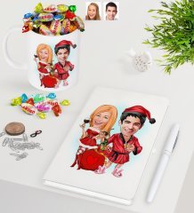 Kişiye Özel Yeni Yıl Sevgililer Karikatürlü Beyaz Defter Kalem Kupa ve Haribo Şeker Hediye Seti-5