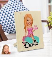 Kişiye Özel İsimli Kadın Doğum Günü Karikatürlü Dekoratif Ahşap Çerçeve Model 2