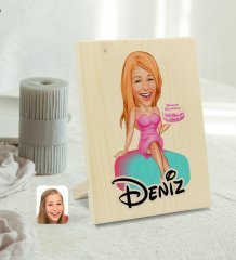 Kişiye Özel İsimli Kadın Doğum Günü Karikatürlü Dekoratif Ahşap Çerçeve Model 2