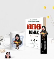 Kişiye Özel Tesettürlü Kadın Öğretmeni Karikatürlü Beyaz Kupa Ahşap Kitap Ayracı ve Öğretmen Olmak Kitabı Hediye Seti-2