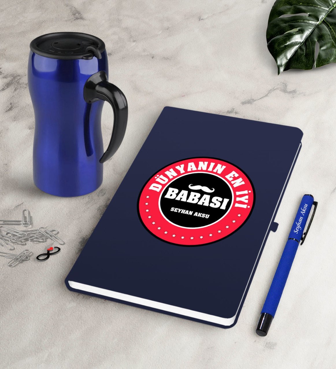 Kişiye Özel Dünyanın En İyi Babası Lacivert Defter Kalem Termos Mug Seti-7