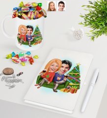 Kişiye Özel Yeni Yıl Sevgililer Karikatürlü Beyaz Defter Kalem Kupa ve Haribo Şeker Hediye Seti-4