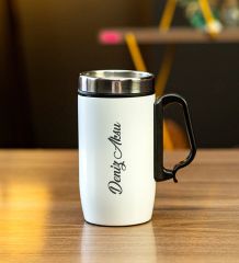 Kişiye Özel Kulplu Çelik Termos Bardak 240 Ml - Beyaz