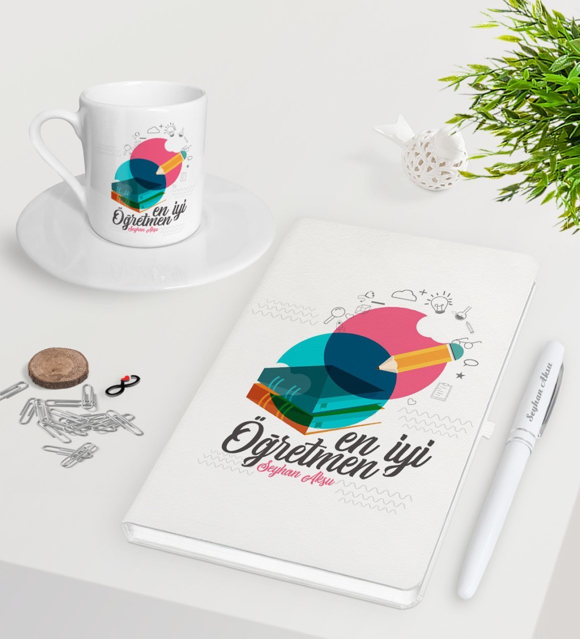 Kişiye Özel En İyi Öğretmen Beyaz Defter Kalem Türk Kahvesi Fincanı Seti-3