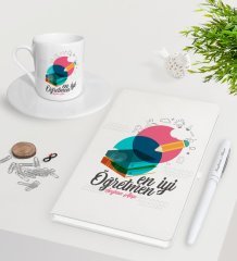 Kişiye Özel En İyi Öğretmen Beyaz Defter Kalem Türk Kahvesi Fincanı Seti-3