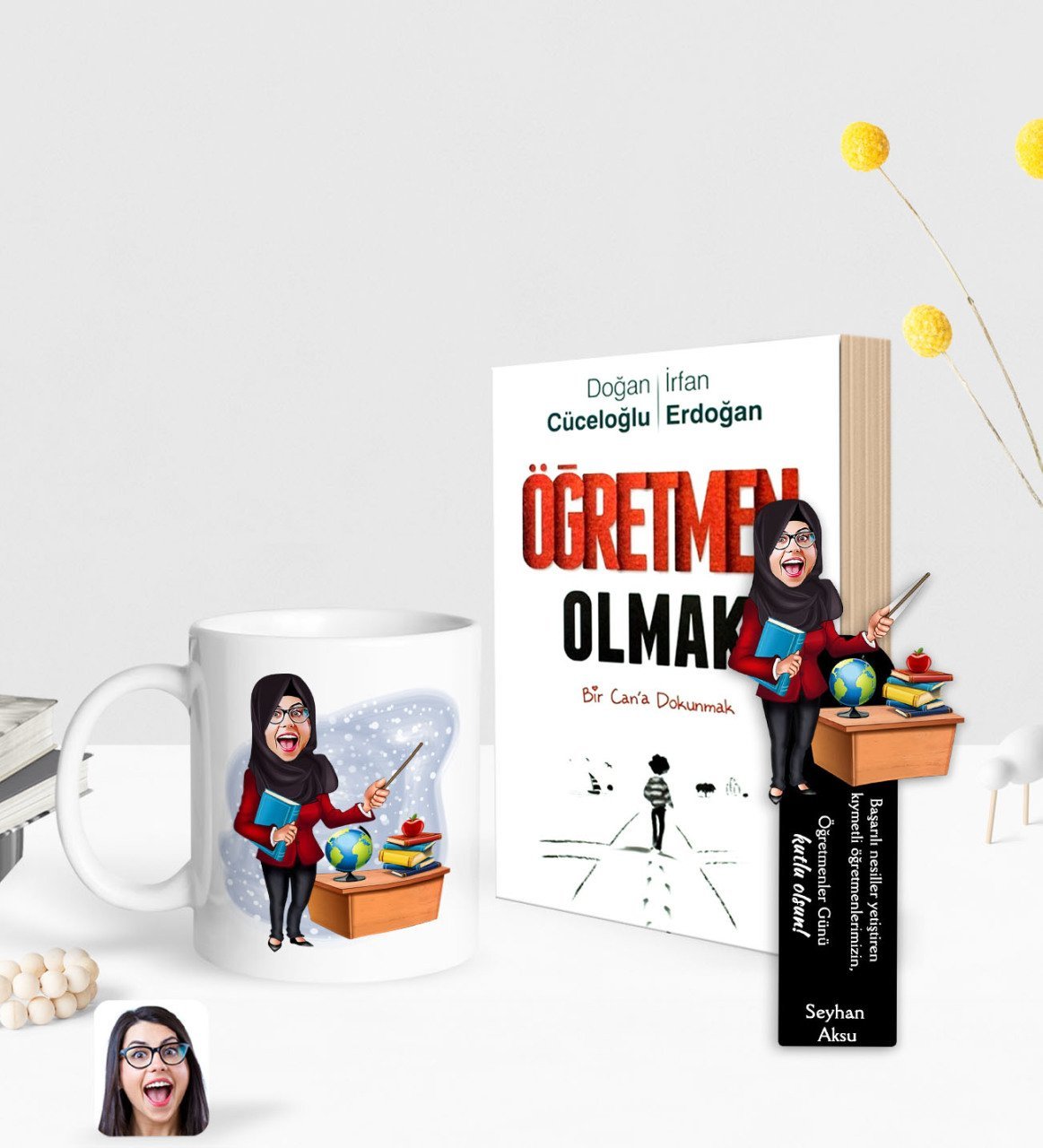 Kişiye Özel Tesettürlü Kadın Öğretmeni Karikatürlü Beyaz Kupa Ahşap Kitap Ayracı ve Öğretmen Olmak Kitabı Hediye Seti-1