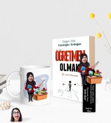 Kişiye Özel Tesettürlü Kadın Öğretmeni Karikatürlü Beyaz Kupa Ahşap Kitap Ayracı ve Öğretmen Olmak Kitabı Hediye Seti-1