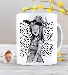 Kişiye Özel Bayan Cadılar Bayramı Karikatürlü Beyaz Kupa Bardak