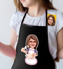 Kişiye Özel Küçük Şef Karikatürlü Kız Çocuk Siyah Mutfak Önlüğü-7