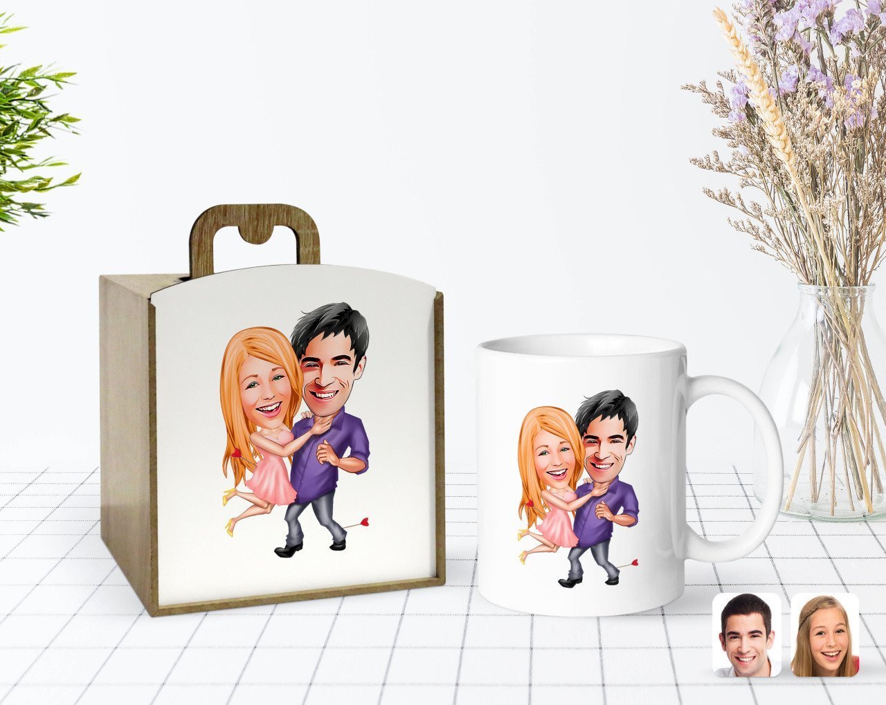 Kişiye Özel Ahşap Kutuda Sevgililer Karikatürlü Beyaz Kupa Bardak-3
