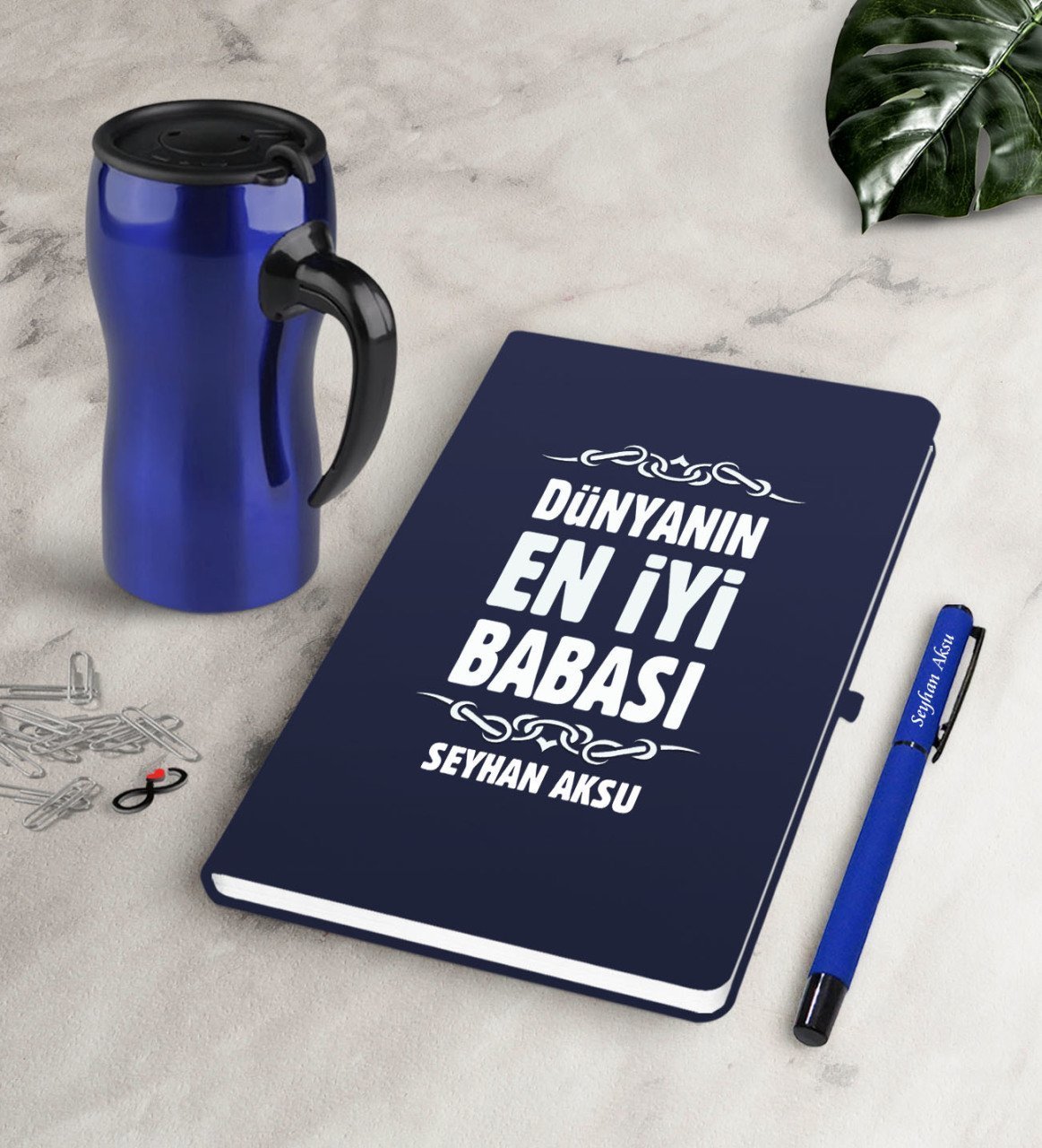 Kişiye Özel Dünyanın En İyi Babası Lacivert Defter Kalem Termos Mug Seti-6