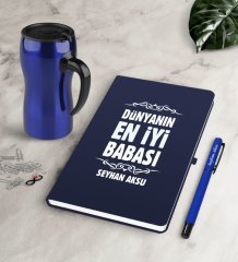 Kişiye Özel Dünyanın En İyi Babası Lacivert Defter Kalem Termos Mug Seti-6