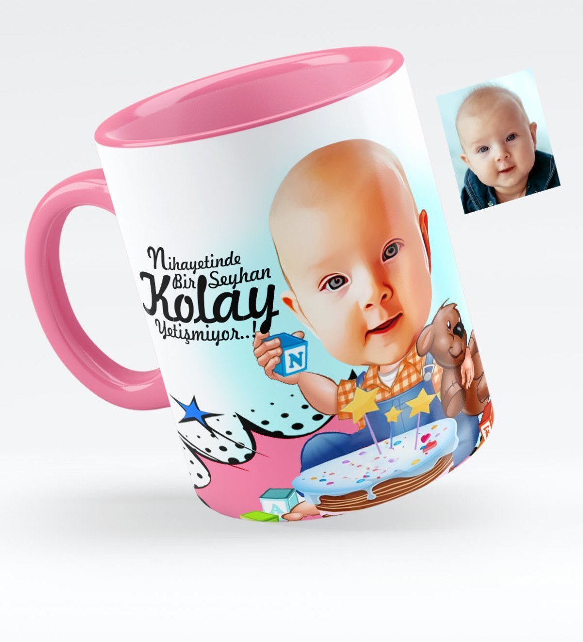 Kişiye Özel Bebek Doğum Günü Karikatürlü Pembe Kupa Bardak - 1