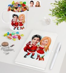Kişiye Özel Yeni Yıl Sevgililer Karikatürlü Beyaz Defter Kalem Kupa ve Haribo Şeker Hediye Seti-3