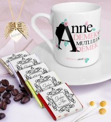 Kişiye Özel Anne Mutluluk Demek Kahve Fincanı Çikolata Melek Kanadı Kolye Seti