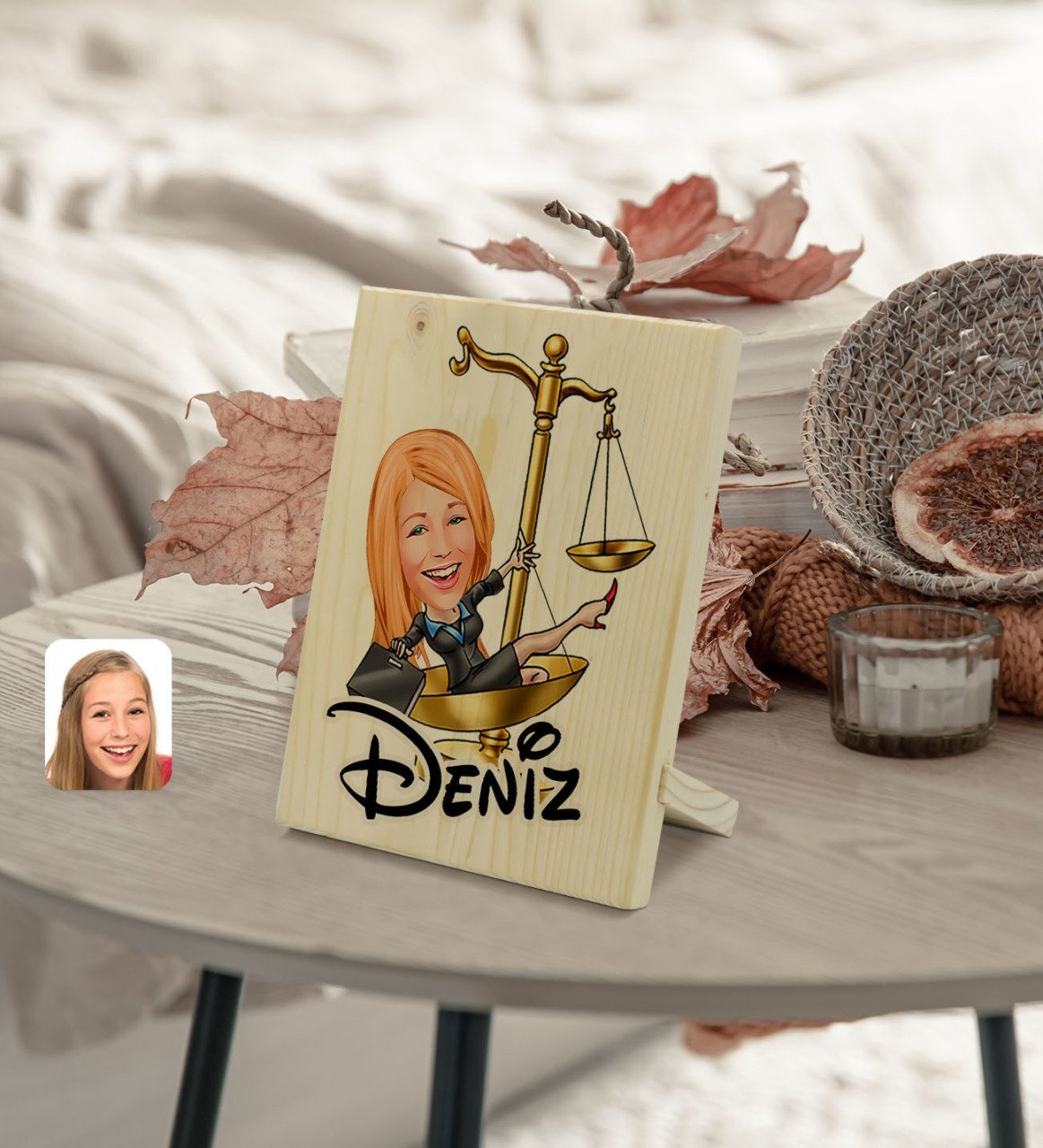 Kişiye Özel İsimli Kadın Avukat Karikatürlü Dekoratif Ahşap Çerçeve Model 4