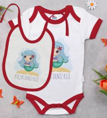 BK Kids Küçük Deniz Kızı Tasarımlı Kırmızı Bebek Body Zıbın ve Mama Önlüğü Hediye Seti-1