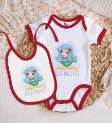 BK Kids Küçük Deniz Kızı Tasarımlı Kırmızı Bebek Body Zıbın ve Mama Önlüğü Hediye Seti-1