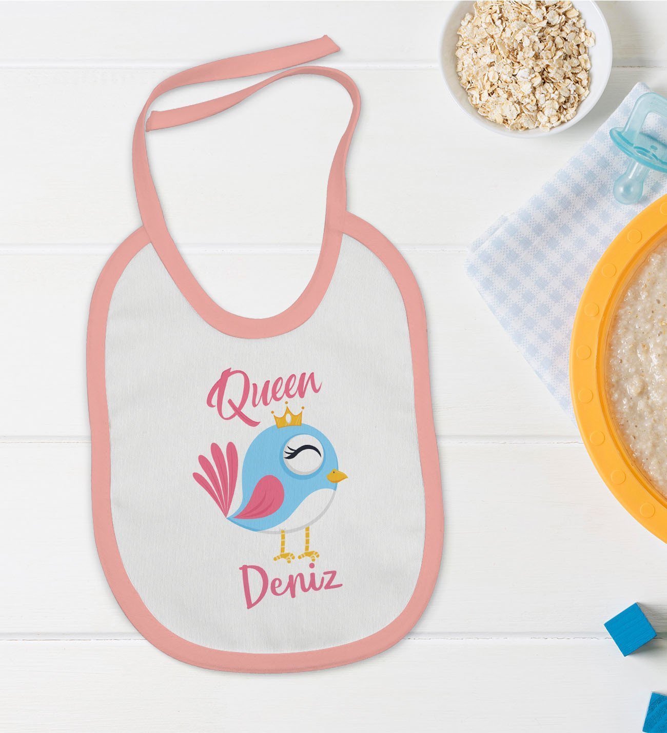 BK Kids Kişiye Özel Pembe Bebek Mama Önlüğü - Model 126