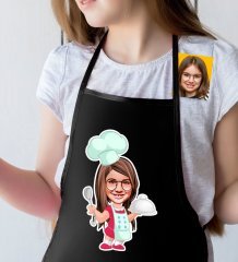 Kişiye Özel Küçük Şef Karikatürlü Kız Çocuk Siyah Mutfak Önlüğü-6