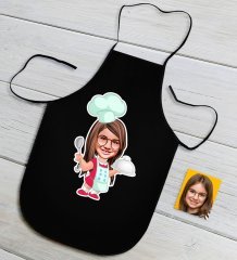 Kişiye Özel Küçük Şef Karikatürlü Kız Çocuk Siyah Mutfak Önlüğü-6