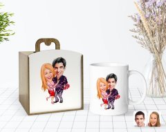 Kişiye Özel Ahşap Kutuda Sevgililer Karikatürlü Beyaz Kupa Bardak-2