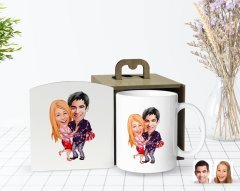 Kişiye Özel Ahşap Kutuda Sevgililer Karikatürlü Beyaz Kupa Bardak-2