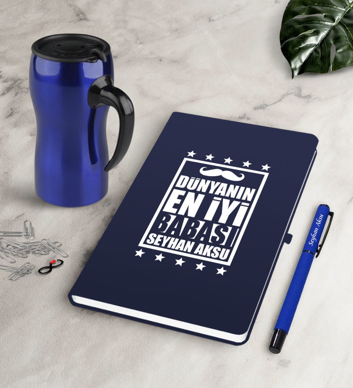 Kişiye Özel Dünyanın En İyi Babası Lacivert Defter Kalem Termos Mug Seti-5