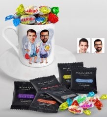 Kişiye Özel Kankalar Karikatürlü Türk Kahvesi Fincanı Selamlique Karışık Türk Kahvesi ve Haribo Şeker Hediye Seti-2
