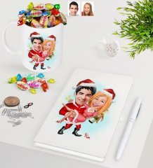 Kişiye Özel Yeni Yıl Sevgililer Karikatürlü Beyaz Defter Kalem Kupa ve Haribo Şeker Hediye Seti-2