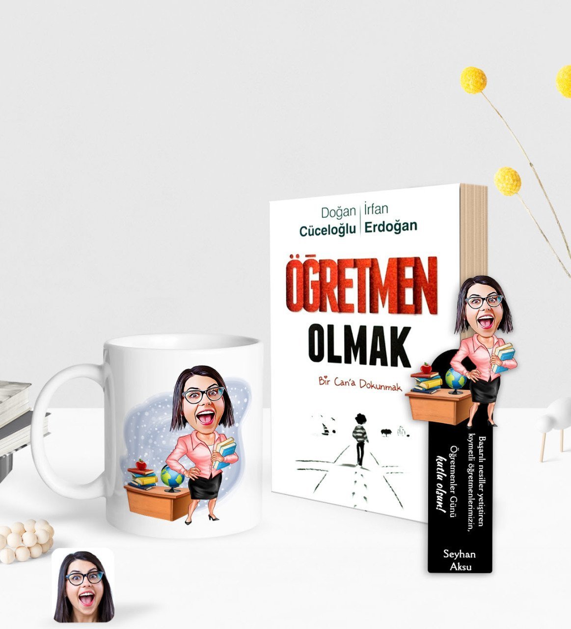 Kişiye Özel Kadın Öğretmen Karikatürlü Beyaz Kupa Ahşap Kitap Ayracı ve Öğretmen Olmak Kitabı Hediye Seti-5