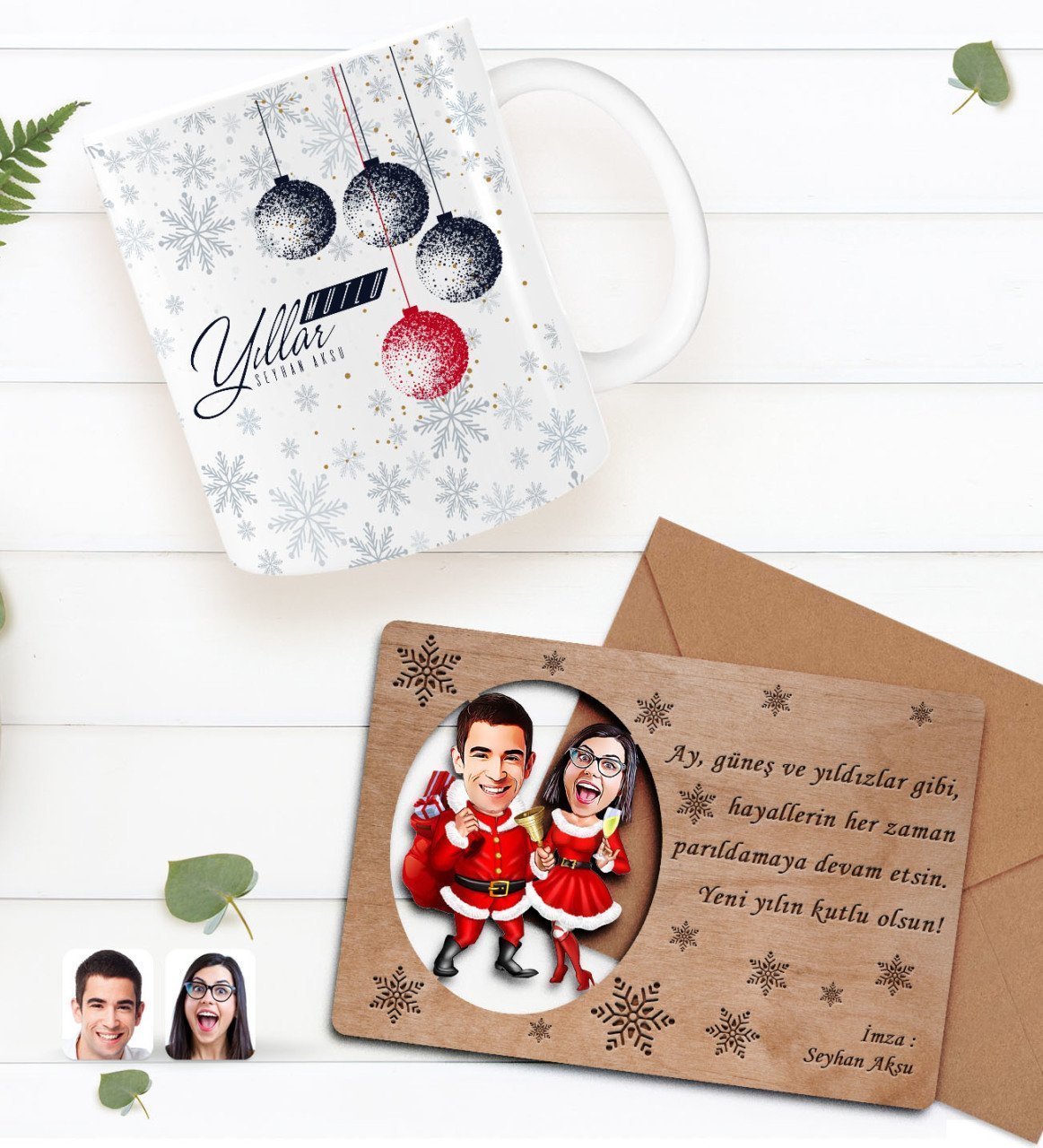 Kişiye Özel Happy New Year Kupa Bardak ve Retro Ahşap Yılbaşı Tebrik Kartı Hediye Seti-8E