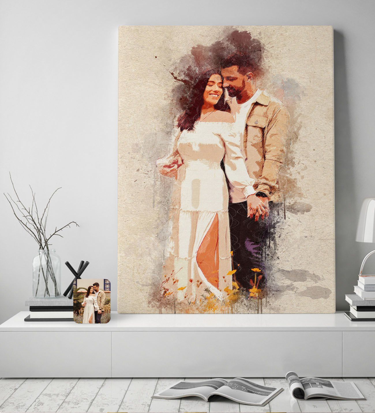 BK Gift Kişiye Özel Suluboya Kanvas Tablo 50x70cm, Suluboya Portresi, Duvar Dekoru, Arkadaşa Hediye, Sevgiliye Hediye, Ev ve Ofis Hediyesi-2