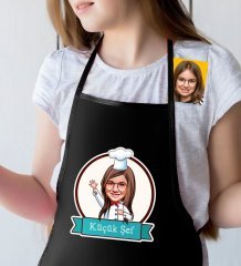 Kişiye Özel Küçük Şef Karikatürlü Kız Çocuk Siyah Mutfak Önlüğü-5