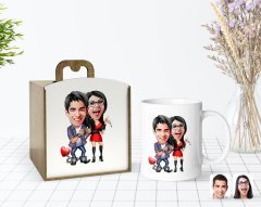 Kişiye Özel Ahşap Kutuda Sevgililer Karikatürlü Beyaz Kupa Bardak-1