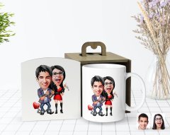 Kişiye Özel Ahşap Kutuda Sevgililer Karikatürlü Beyaz Kupa Bardak-1