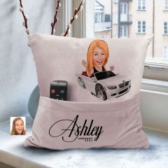 BK Gift Kişiye Özel Anne Karikatür Tasarımlı Organizer Kumanda ve Atıştırmalık Cepli Pembe Kırlent Yastık-3 Arkadaşa Hediye, Cepli Yastık