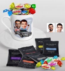 Kişiye Özel Kankalar Karikatürlü Türk Kahvesi Fincanı Selamlique Karışık Türk Kahvesi ve Haribo Şeker Hediye Seti-1